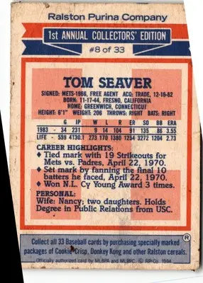 Tom Seaver baseball card from 1984 Topps Ralston Purina collection