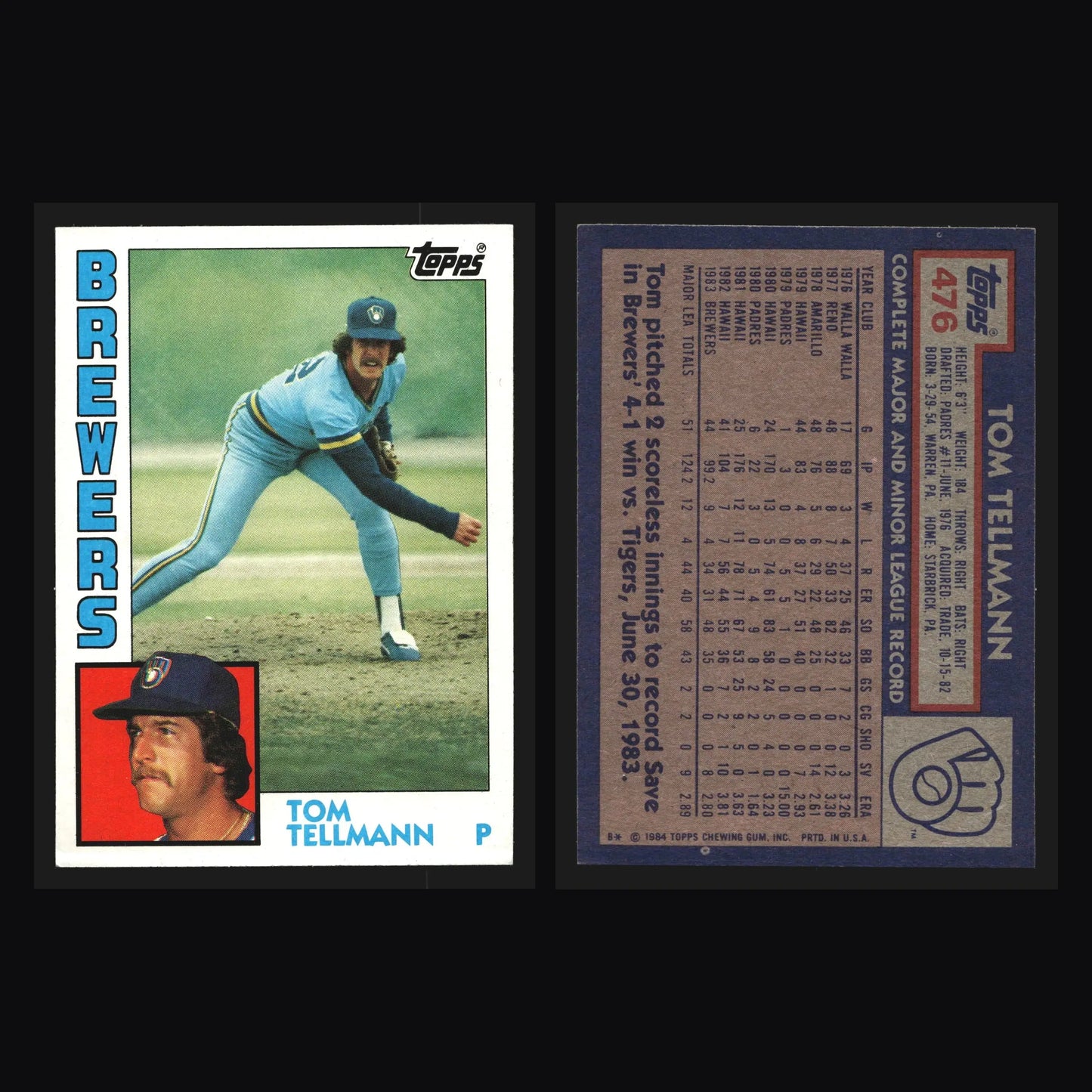 1984 Topps Tom Tellmann #476 Milwaukee Brewers - Baseball Card Single