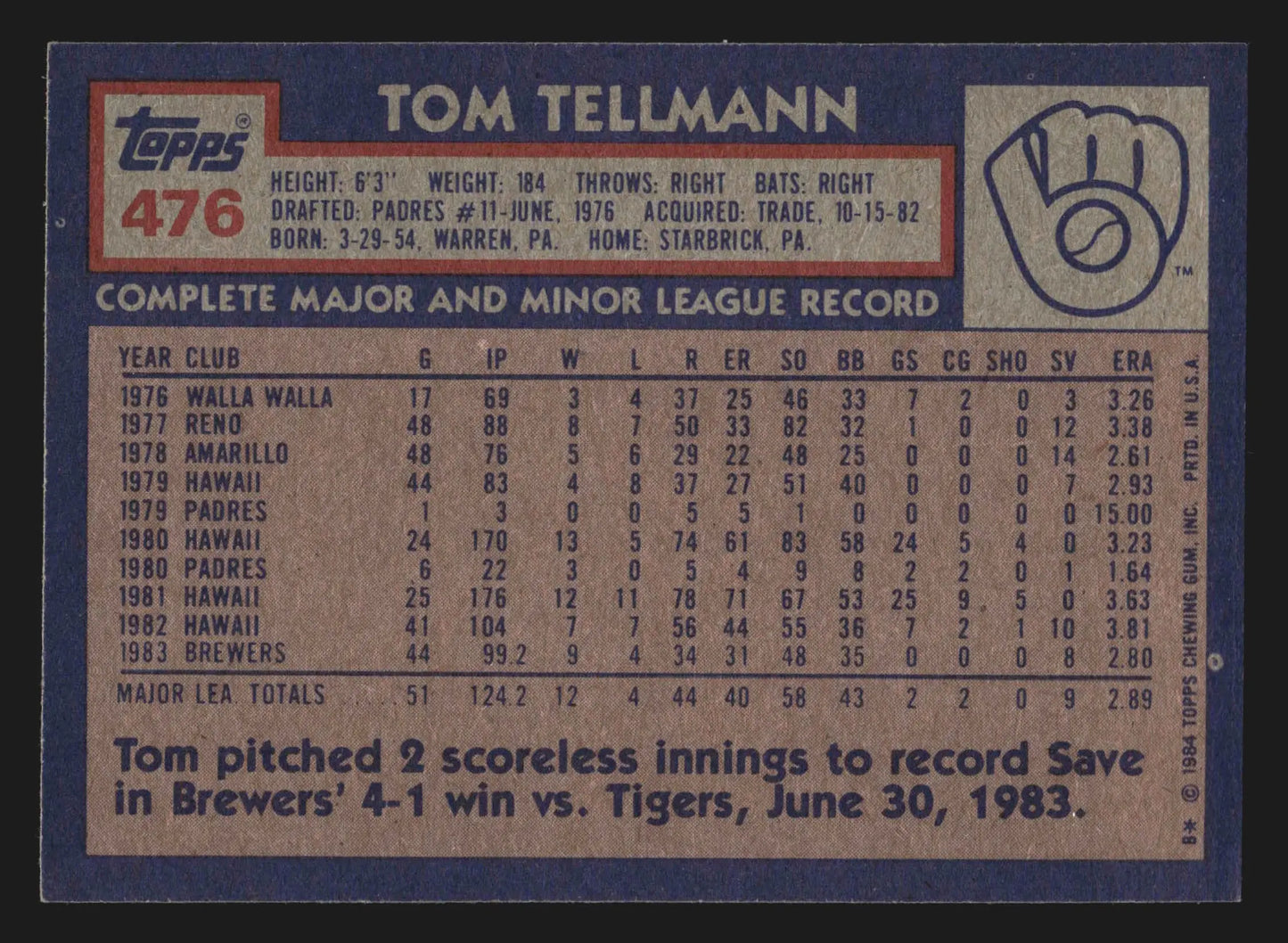 1984 Topps Tom Tellmann #476 Milwaukee Brewers - Baseball Card Single