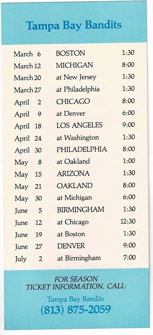 Tampa Bay Bandits schedule for the 1984 USFL Football League PAN-AM edition