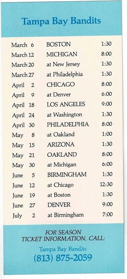 Tampa Bay Bandits schedule for the 1984 USFL Football League PAN-AM edition