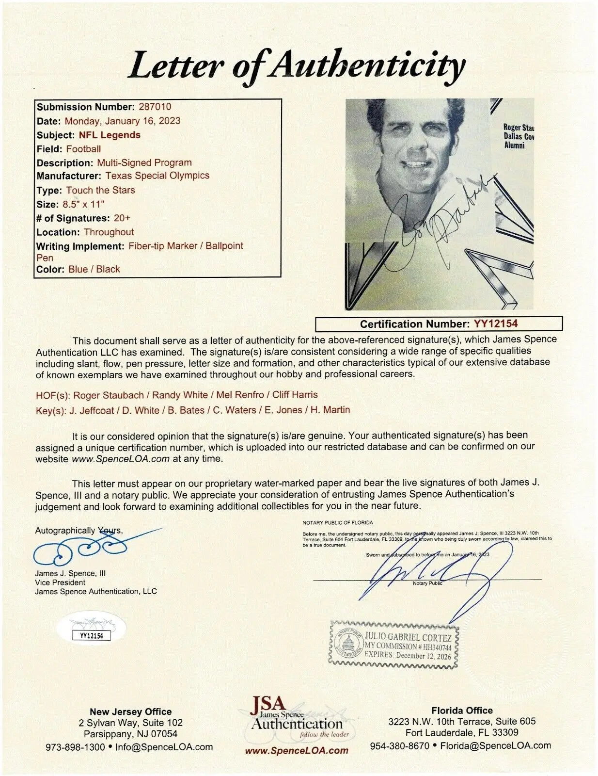 Letter of Authenticity for 1985 Dallas Cowboys Program Auto including Tony Dorsett signatures