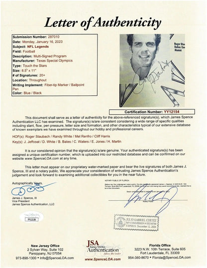 Letter of Authenticity for 1985 Dallas Cowboys Program Auto including Tony Dorsett signatures