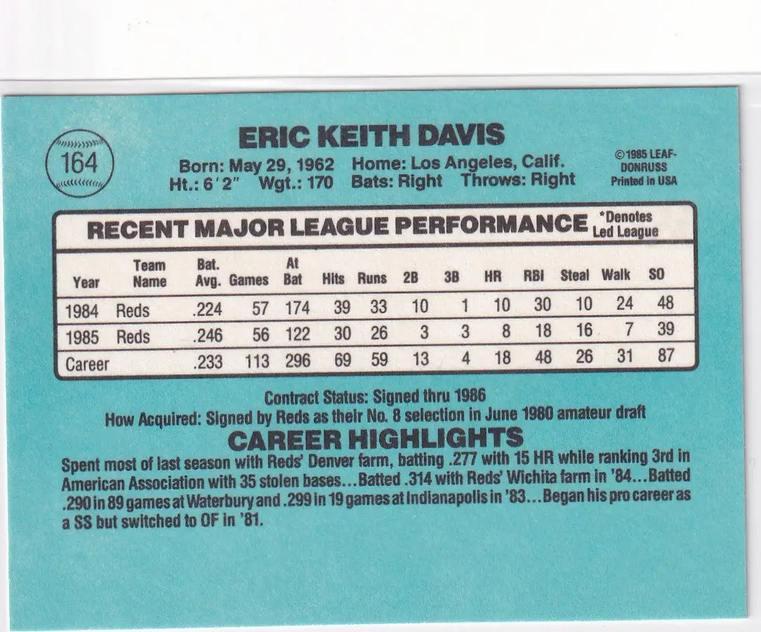 1985 DONRUSS #164 ERIC DAVIS- CINCINNATI REDS - Baseball Card Single