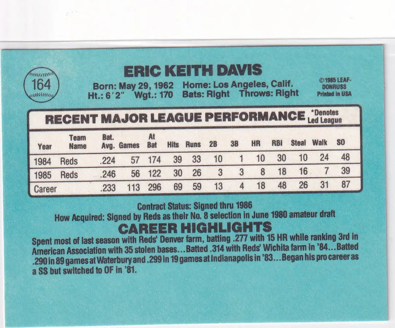 1985 DONRUSS #164 ERIC DAVIS- CINCINNATI REDS - Baseball Card Single