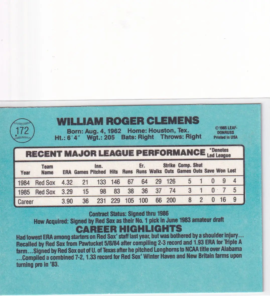 1985 DONRUSS #172 ROGER CLEMENS- BOSTON RED SOX - Baseball Card Single