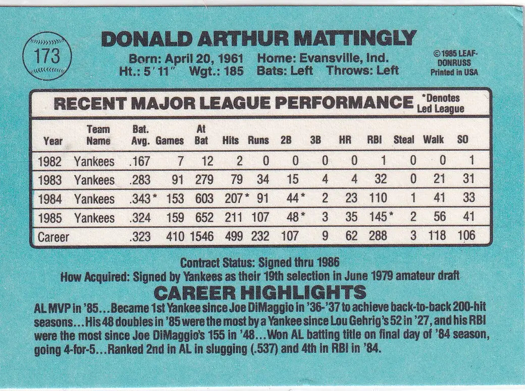 1985 DONRUSS #173 DON MATTINGLY- NEW YORK YANKEES