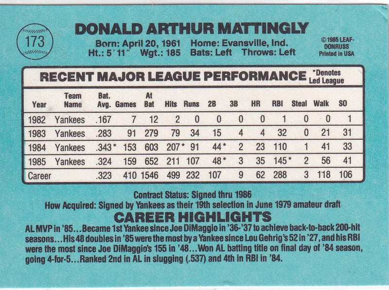 1985 DONRUSS #173 DON MATTINGLY- NEW YORK YANKEES
