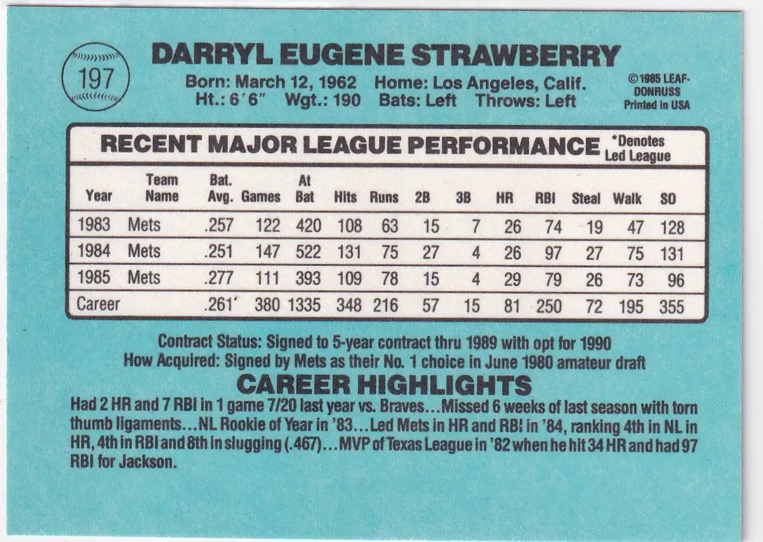 1985 DONRUSS #197 DARRYL STRAWBERRY- NEW YORK METS - Baseball Card Single