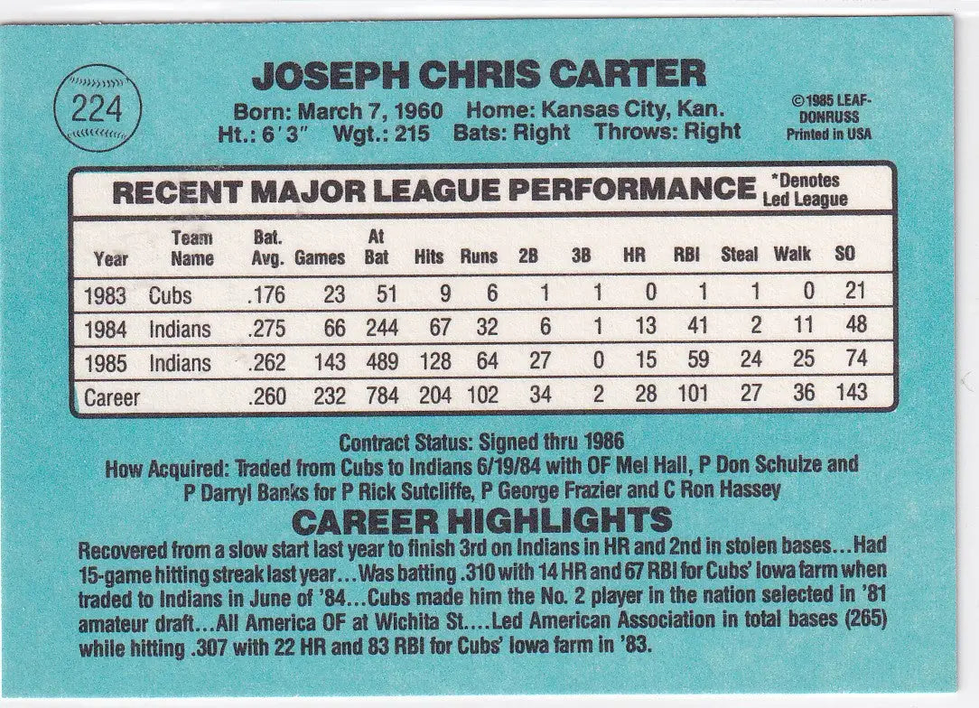 1985 DONRUSS #224 JOE CARTER- CLEVELAND INDIANS - Baseball Card Single