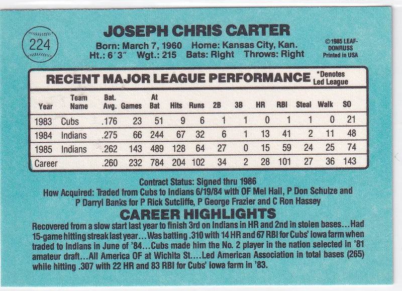 1985 DONRUSS #224 JOE CARTER- CLEVELAND INDIANS - Baseball Card Single