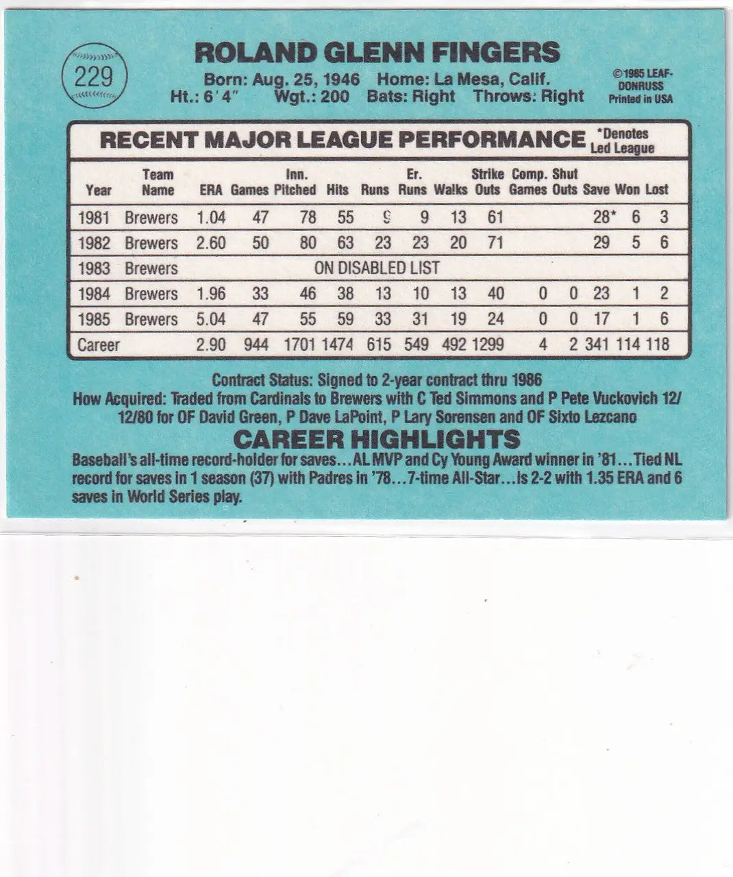1985 DONRUSS #229 ROLLIE FINGERS- MILWAUKEE BREWERS - Baseball Card Single
