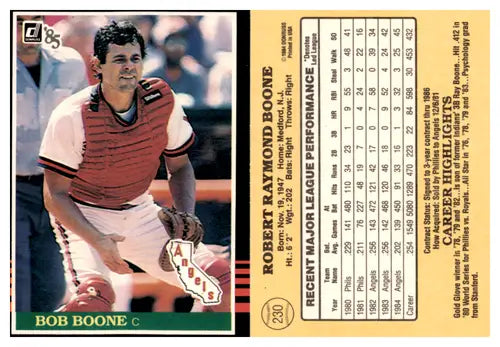 1985 Donruss Bob Boone baseball card with original gloss featuring Bob Boone and Simply Sandoval