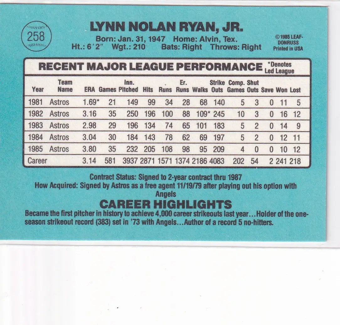 1985 DONRUSS #258 NOLAN RYAN- HOUSTON ASTROS