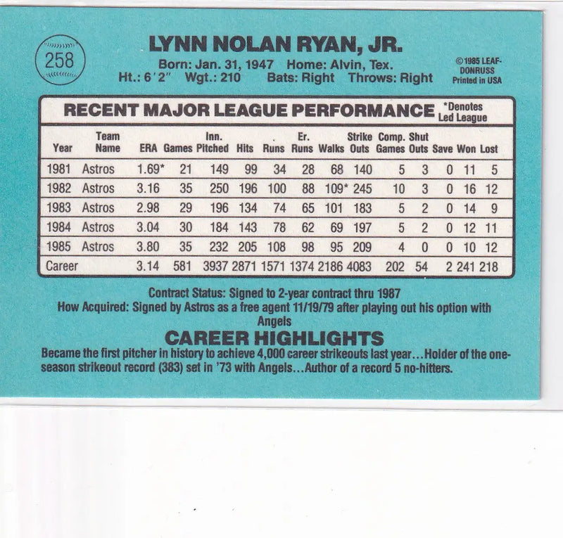 1985 DONRUSS #258 NOLAN RYAN- HOUSTON ASTROS