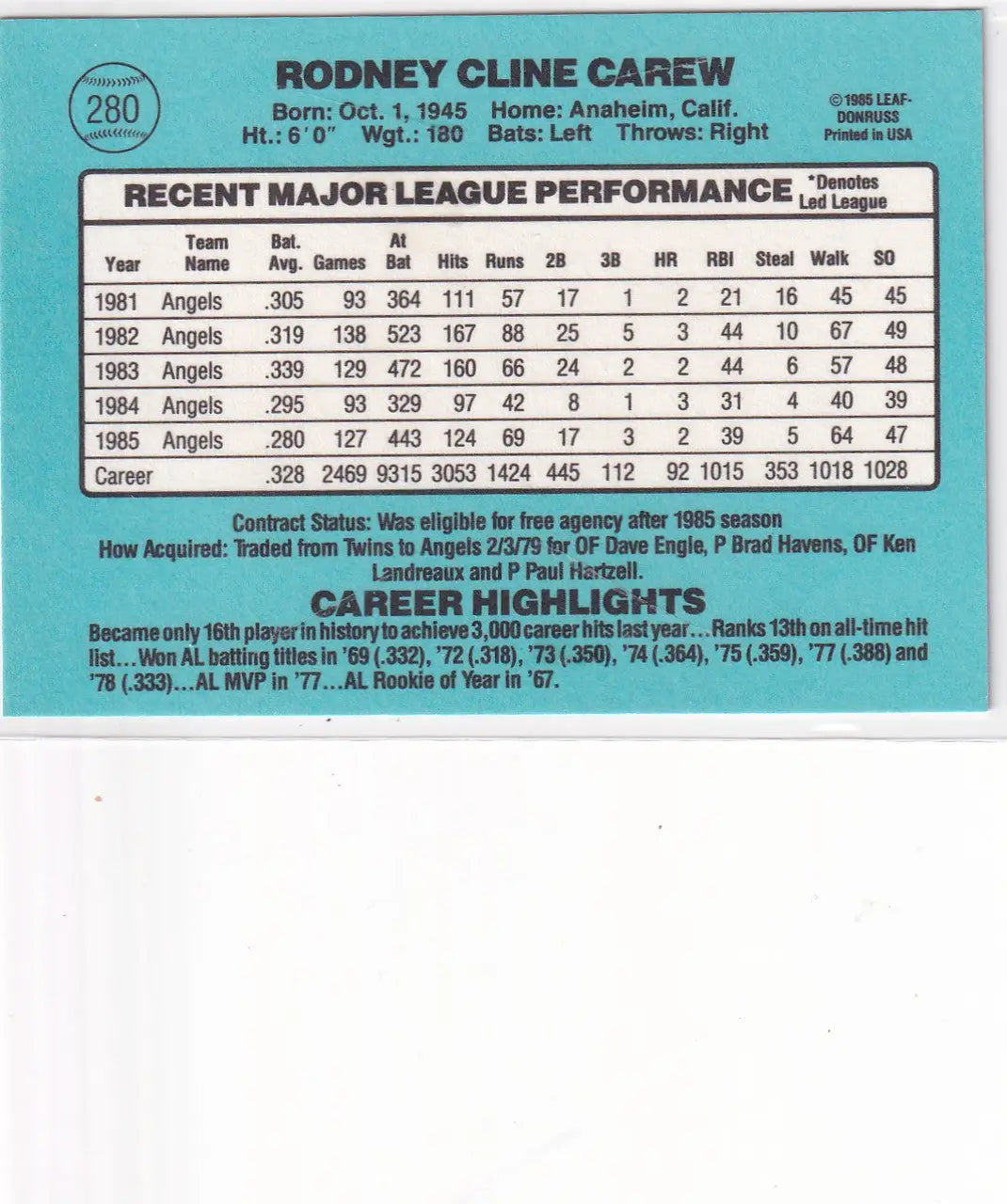 1985 DONRUSS #280 ROD CAREW- ANGELS - Baseball Card Single