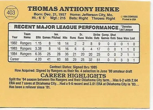 1985 Donruss #403 Tom Henke NM+++ Rangers - Baseball Card Single