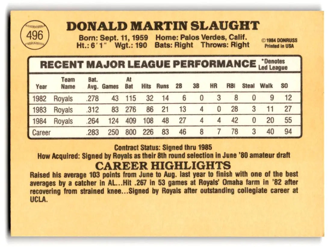 1985 Donruss #496 Don Slaught - Baseball Card Single