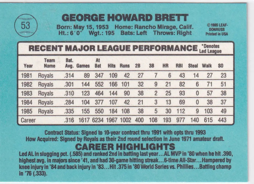 1985 DONRUSS #53 GEORGE BRETT- KANSAS CITY ROYALS - Baseball Card Single