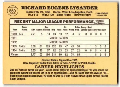 Original gloss of Richard Eugene Lysander baseball card from 1985 Donruss Twins series