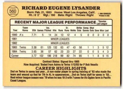 Original gloss of Richard Eugene Lysander baseball card from 1985 Donruss Twins series