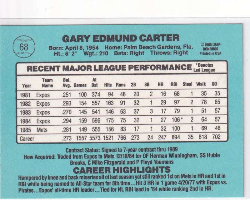1985 DONRUSS #68 GARY CARTER- NEW YORK METS - Baseball Card Single