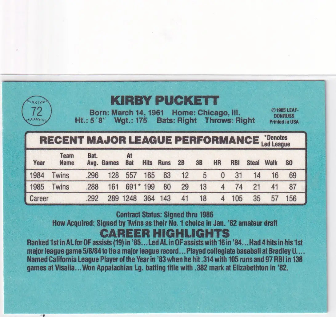 1985 DONRUSS #72 KIRBY PUCKETT- MINNESOTA TWINS - Baseball Card Single