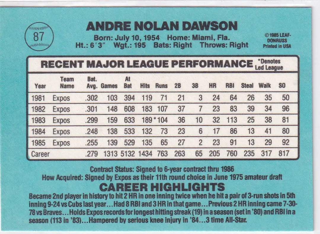 1985 DONRUSS #87 ANDRE DAWSON- WASHINGTON EXPOS - Baseball Card Single