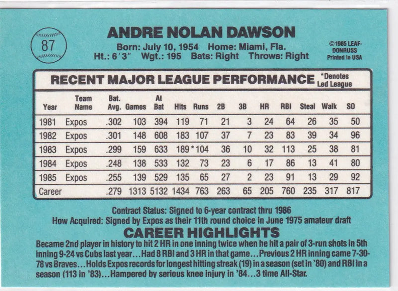 1985 DONRUSS #87 ANDRE DAWSON- WASHINGTON EXPOS - Baseball Card Single