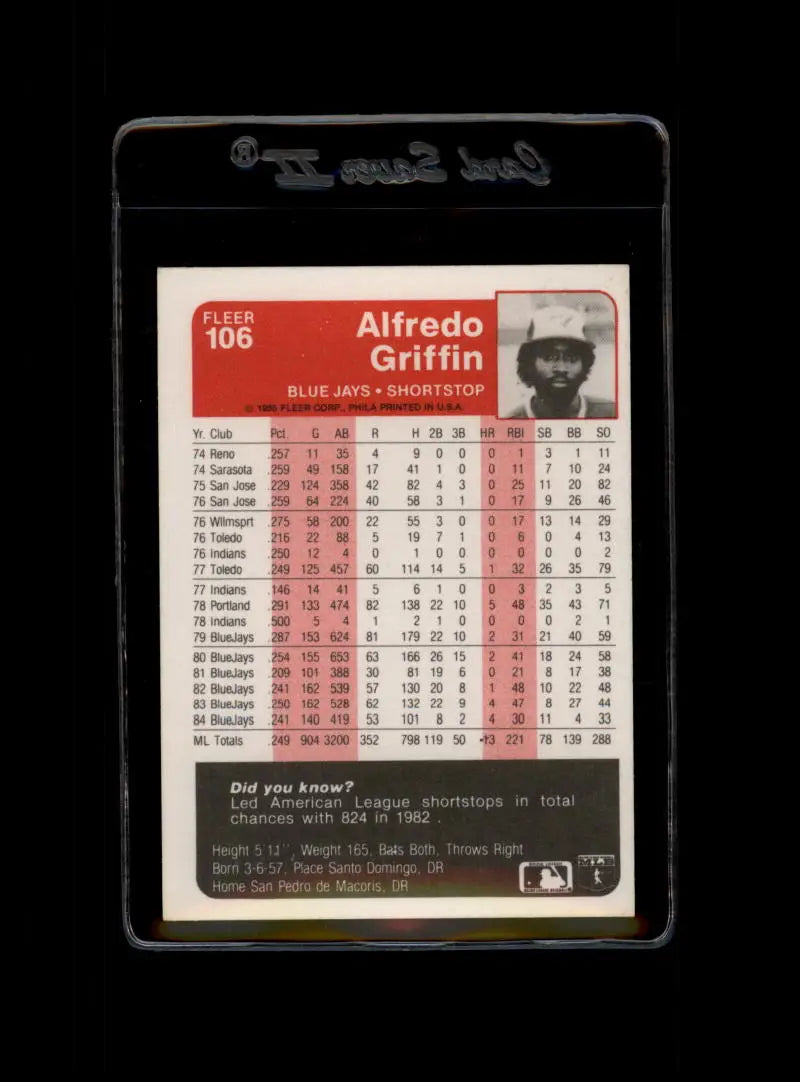 1985 Fleer #106 Alfredo Griffin EX Excellent Toronto Blue Jays Baseball Card - Baseball Card Single