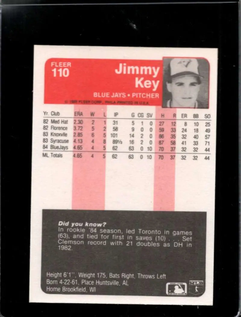 1985 Fleer #110 Jimmy Key EX Excellent RC Rookie Toronto Blue Jays Baseball Card - Baseball Card Single