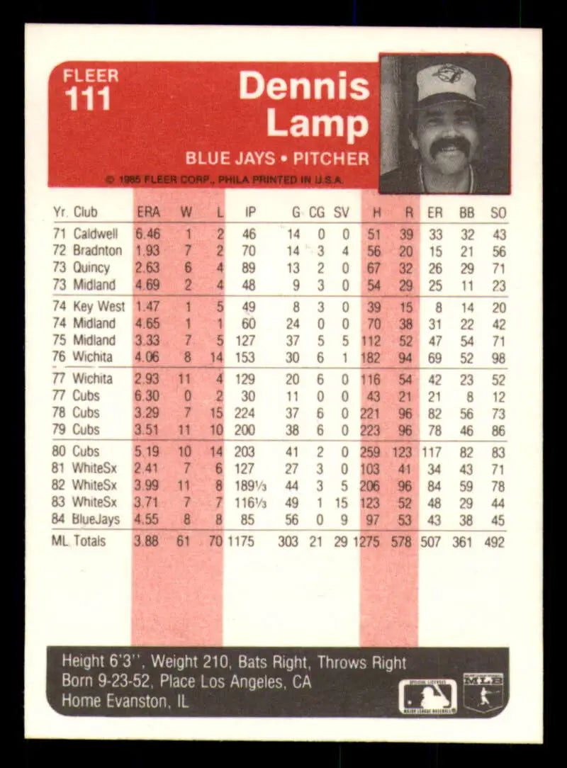 1985 Fleer #111 Dennis Lamp EX Excellent Toronto Blue Jays Baseball Card - Baseball Card Single