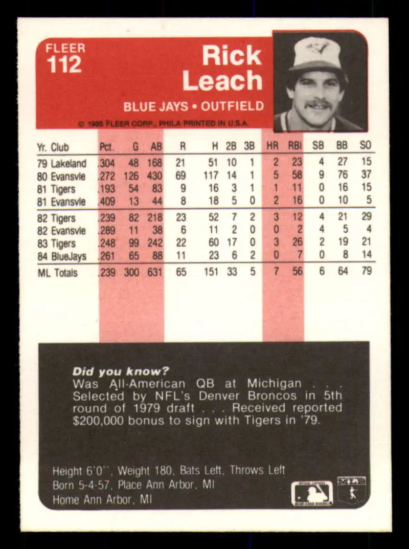 1985 Fleer #112 Rick Leach EX Excellent Toronto Blue Jays Baseball Card - Baseball Card Single
