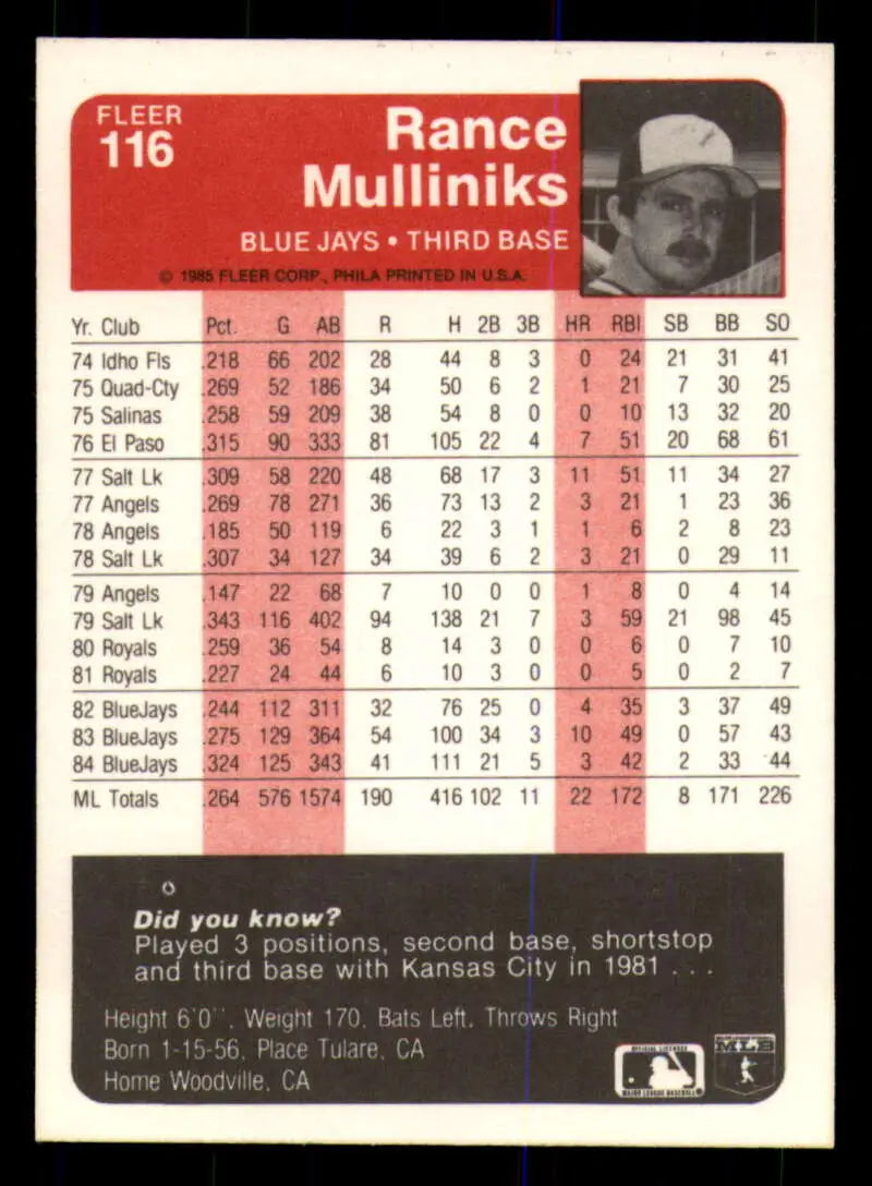 1985 Fleer #116 Rance Mulliniks EX Excellent Toronto Blue Jays Baseball Card - Baseball Card Single