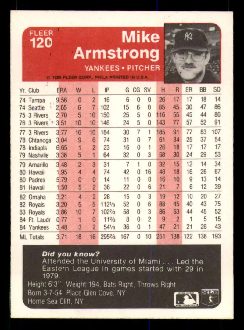 1985 Fleer #120 Mike Armstrong EX Excellent New York Yankees Baseball Card - Baseball Card Single