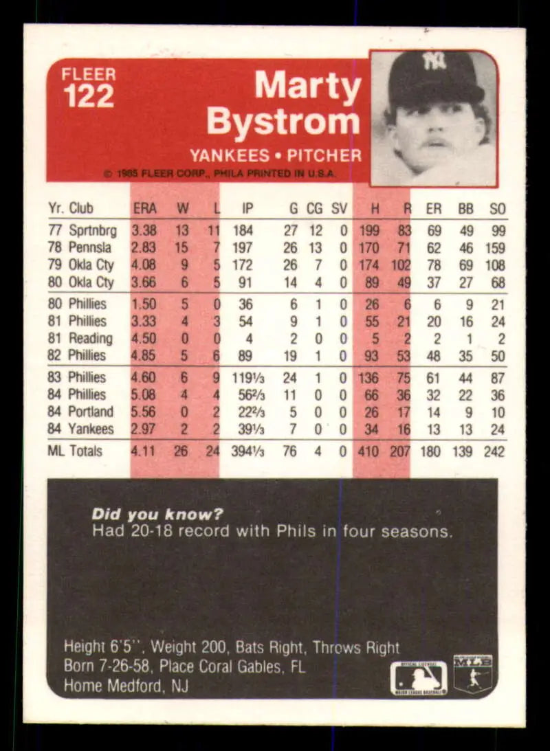 1985 Fleer #122 Marty Bystrom EX Excellent New York Yankees Baseball Card - Baseball Card Single