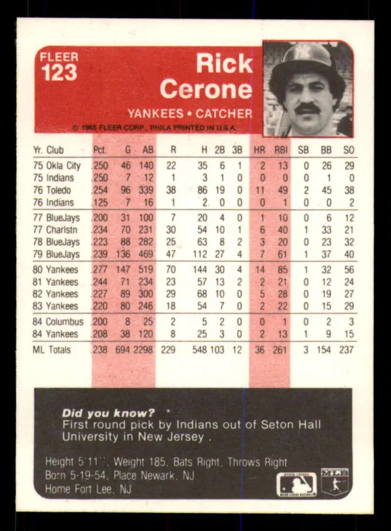 1985 Fleer #123 Rick Cerone EX Excellent New York Yankees Baseball Card - Baseball Card Single
