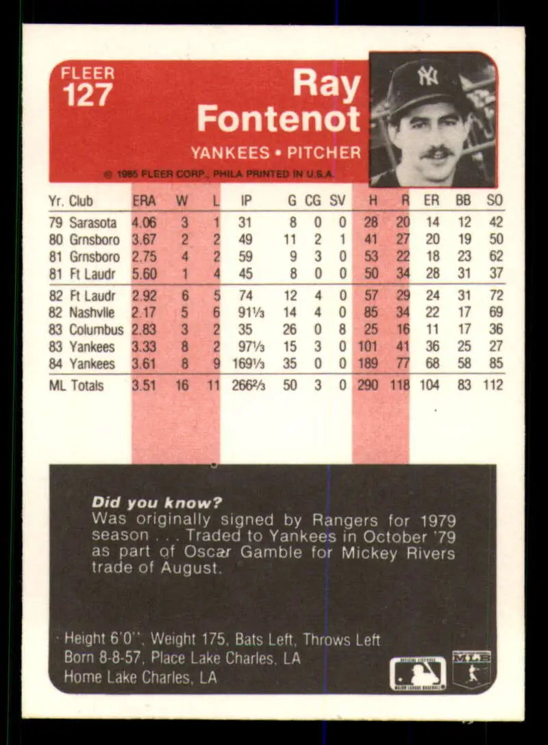 1985 Fleer #127 Ray Fontenot EX Excellent New York Yankees Baseball Card - Baseball Card Single