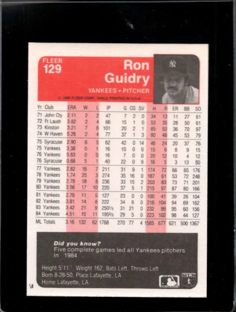 1985 Fleer #129 Ron Guidry EX Excellent New York Yankees Baseball Card - Baseball Card Single