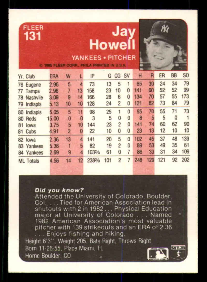 1985 Fleer #131 Jay Howell EX Excellent New York Yankees Baseball Card - Baseball Card Single
