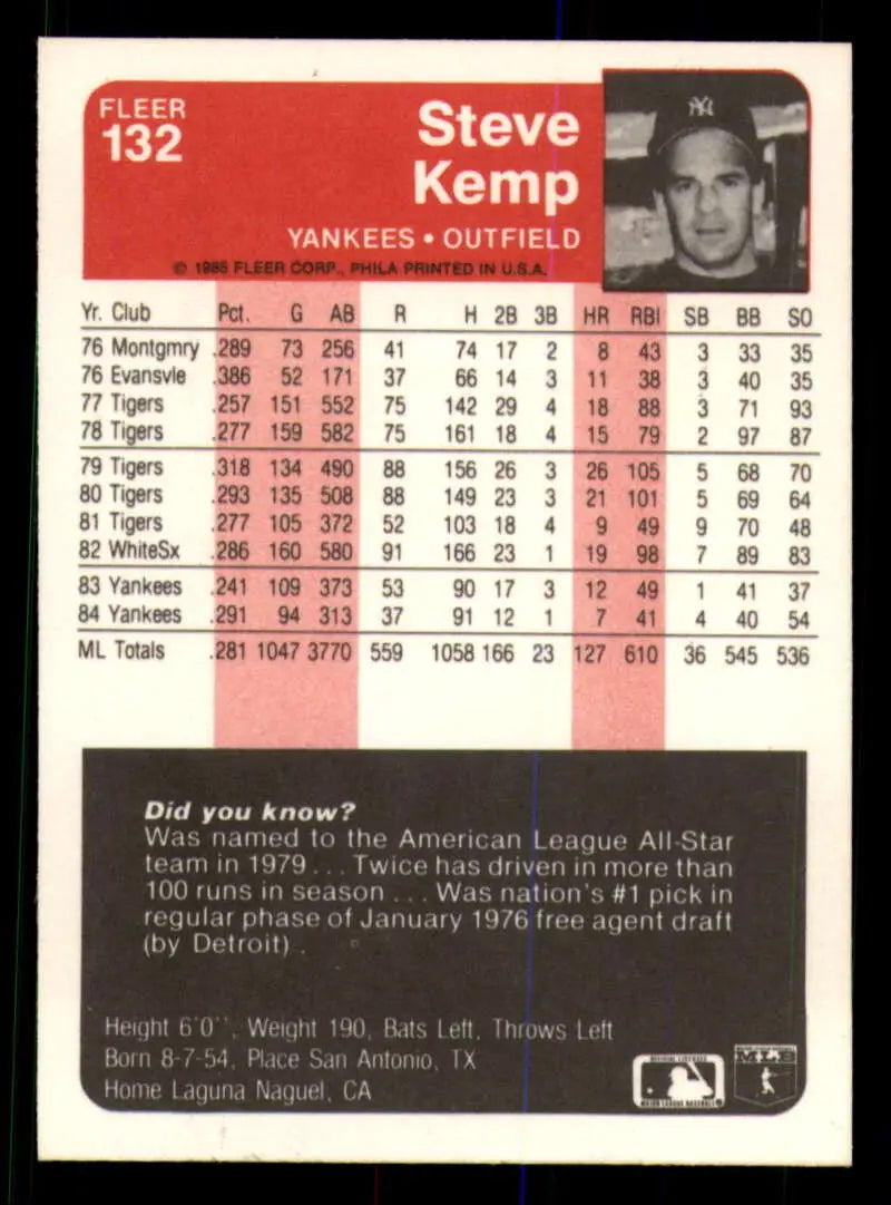 1985 Fleer #132 Steve Kemp EX Excellent New York Yankees Baseball Card - Baseball Card Single