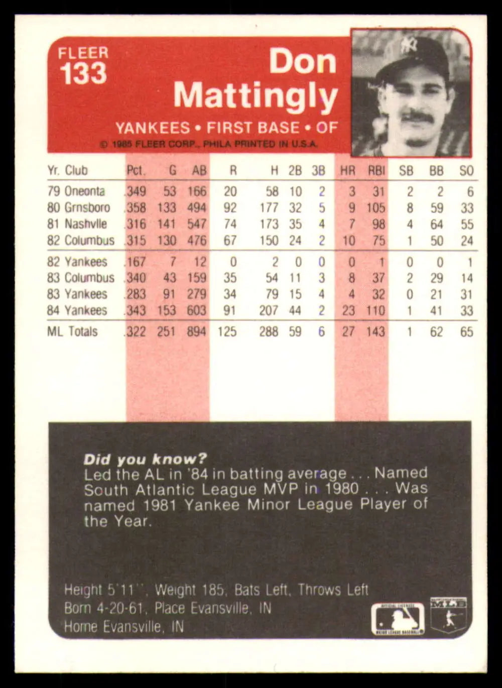 1985 Fleer #133 Don Mattingly EX Excellent New York Yankees Baseball Card - Baseball Card Single