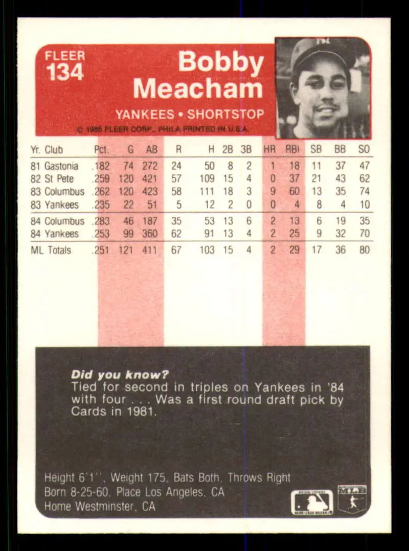 1985 Fleer #134 Bobby Meacham EX Excellent New York Yankees Baseball Card - Baseball Card Single