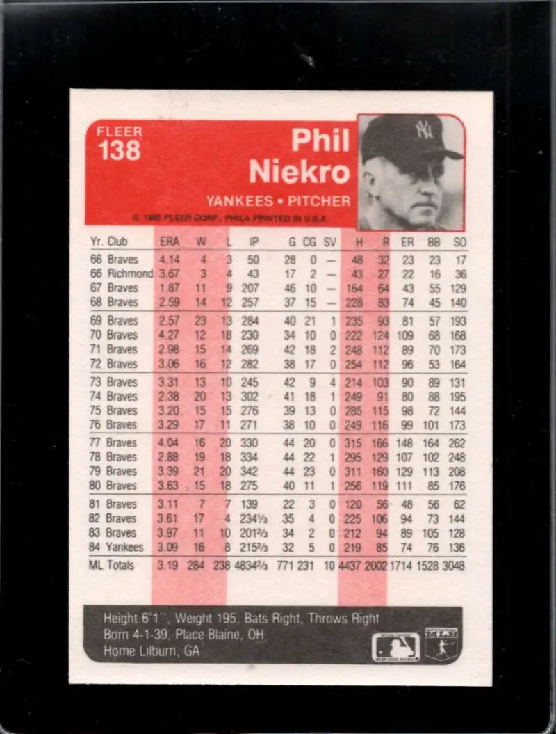 1985 Fleer #138 Phil Niekro EX Excellent New York Yankees Baseball Card - Baseball Card Single