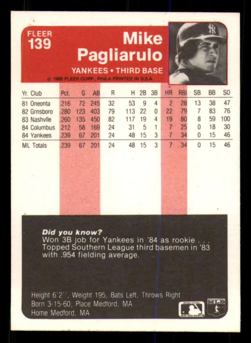 1985 Fleer #139 Mike Pagliarulo EX Excellent RC Rookie New York Yankees Baseball Card - Baseball Card Single