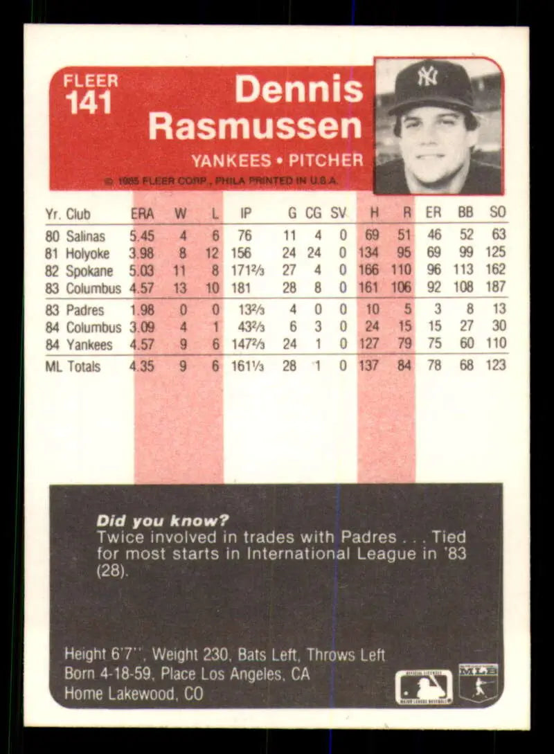 1985 Fleer #141 Dennis Rasmussen EX Excellent New York Yankees Baseball Card - Baseball Card Single