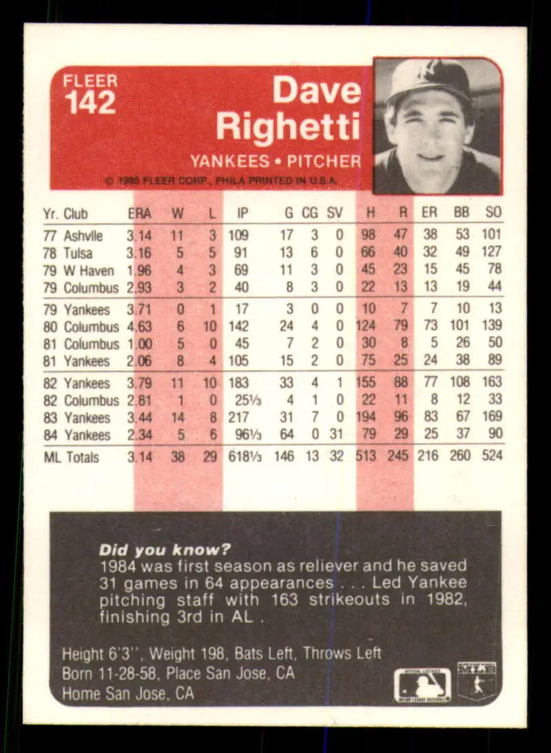 1985 Fleer #142 Dave Righetti EX Excellent New York Yankees Baseball Card