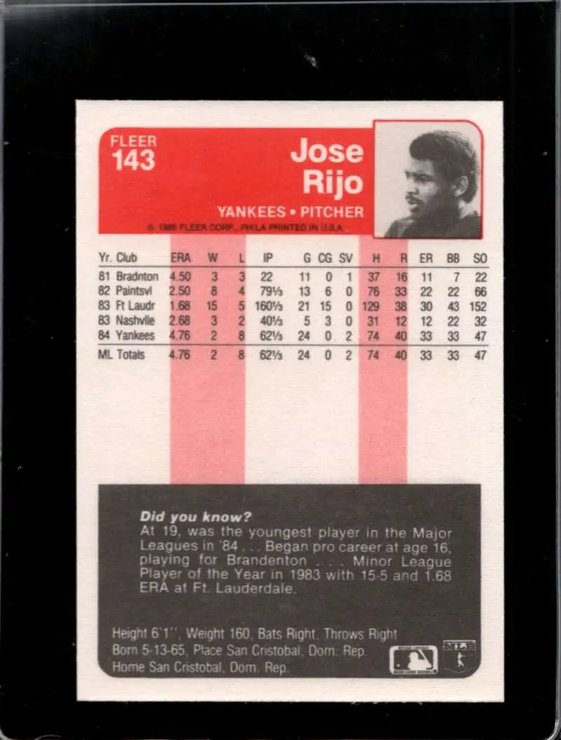 1985 Fleer #143 Jose Rijo EX Excellent RC Rookie New York Yankees Baseball Card - Baseball Card Single