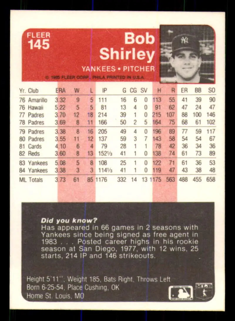 1985 Fleer #145 Bob Shirley EX Excellent New York Yankees Baseball Card - Baseball Card Single