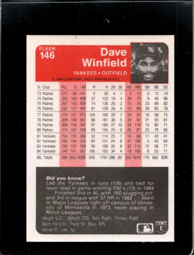 1985 Fleer #146 Dave Winfield EX Excellent New York Yankees Baseball Card - Baseball Card Single